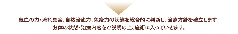 気血の力・流れ具合、自然治癒力、免疫力の状態を総合的に判断し、治療方針を確立します。お体の状態・治療内容をご説明の上、施術に入っていきます。